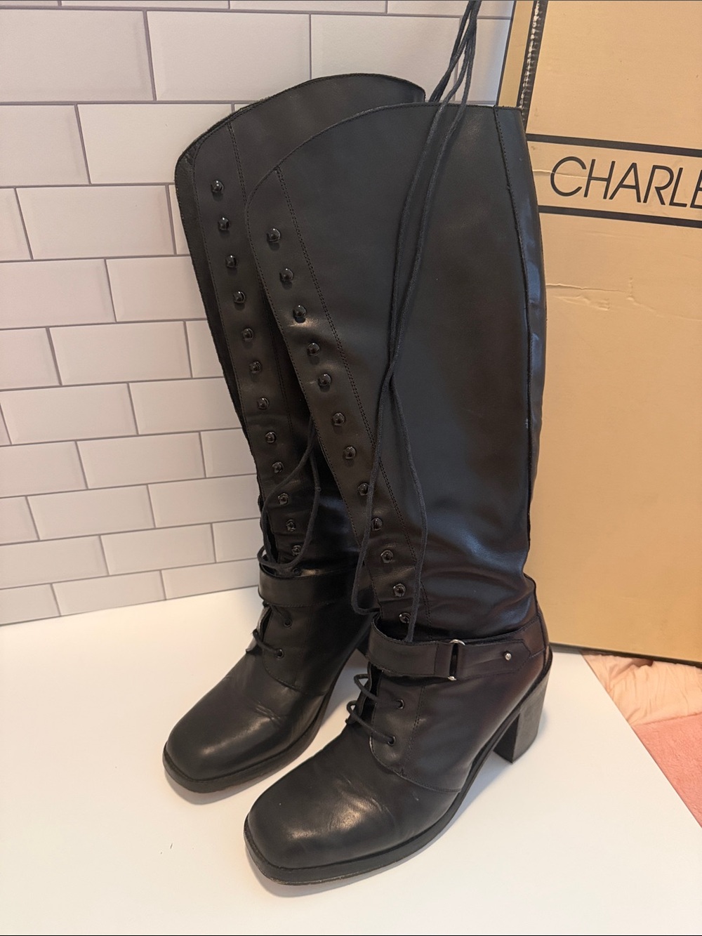 Charles David Black Lace-Up Knee-High Block Heel Boots